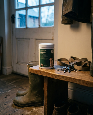 Scamper tub in a countryside boot room, next to wellies and a dog lead