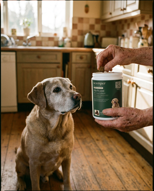 Feeding a Scamper chew to an old Labrador in the kitchen