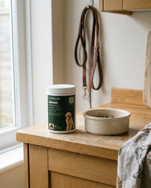Scamper tub on a kitchen counter next to a bowl of chews