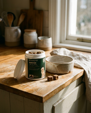 Open Scamper tub with chews on a wooden counter