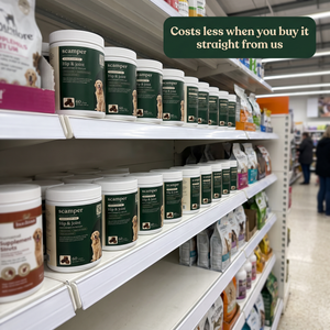 Scamper Hip & Joint tubs on a pet store shelf